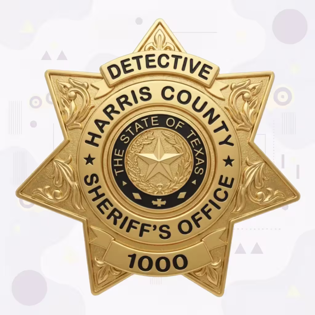 Harris County Sheriff Gold Scrollwork Seven-Point Star Metal Badge