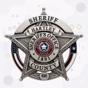 Hartley County Sheriff Antique Silver Star with US and Texas Flags Metal Badge