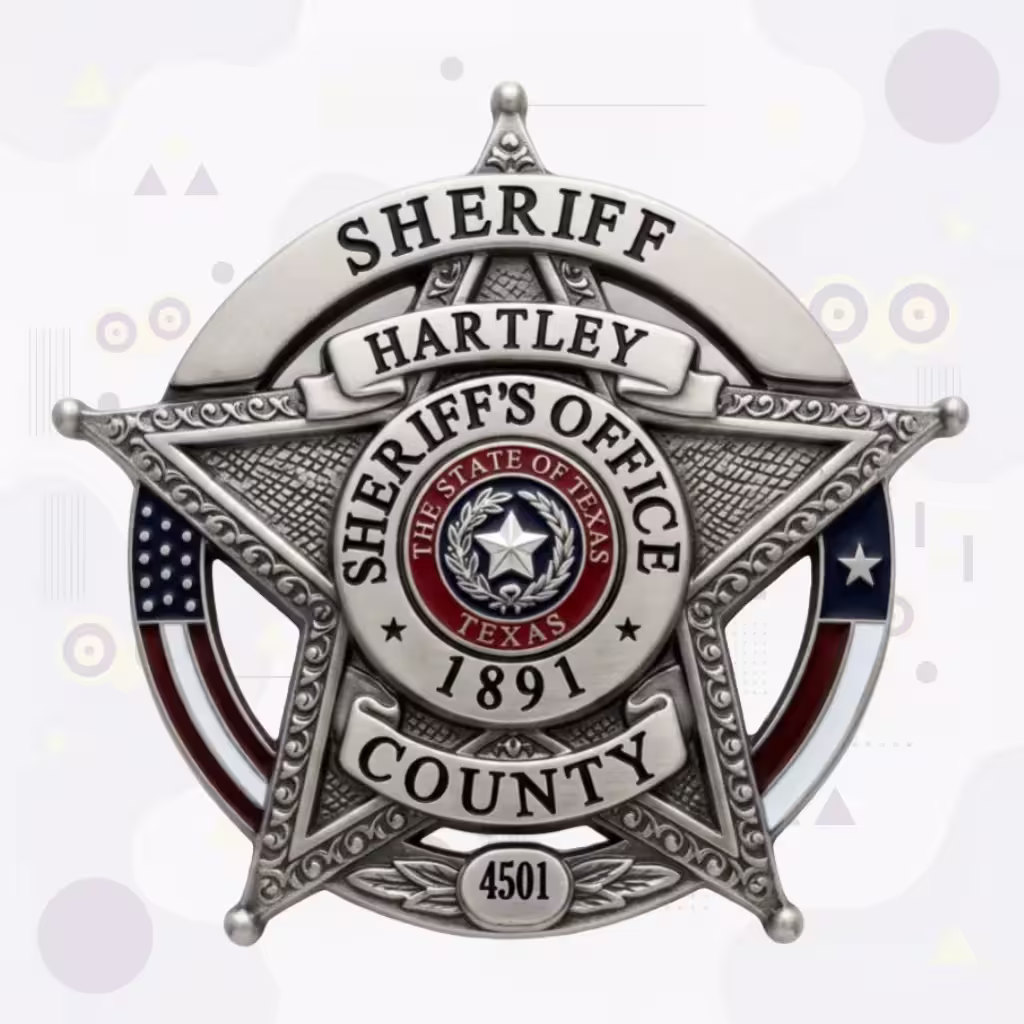 Hartley County Sheriff Antique Silver Star with US and Texas Flags Metal Badge