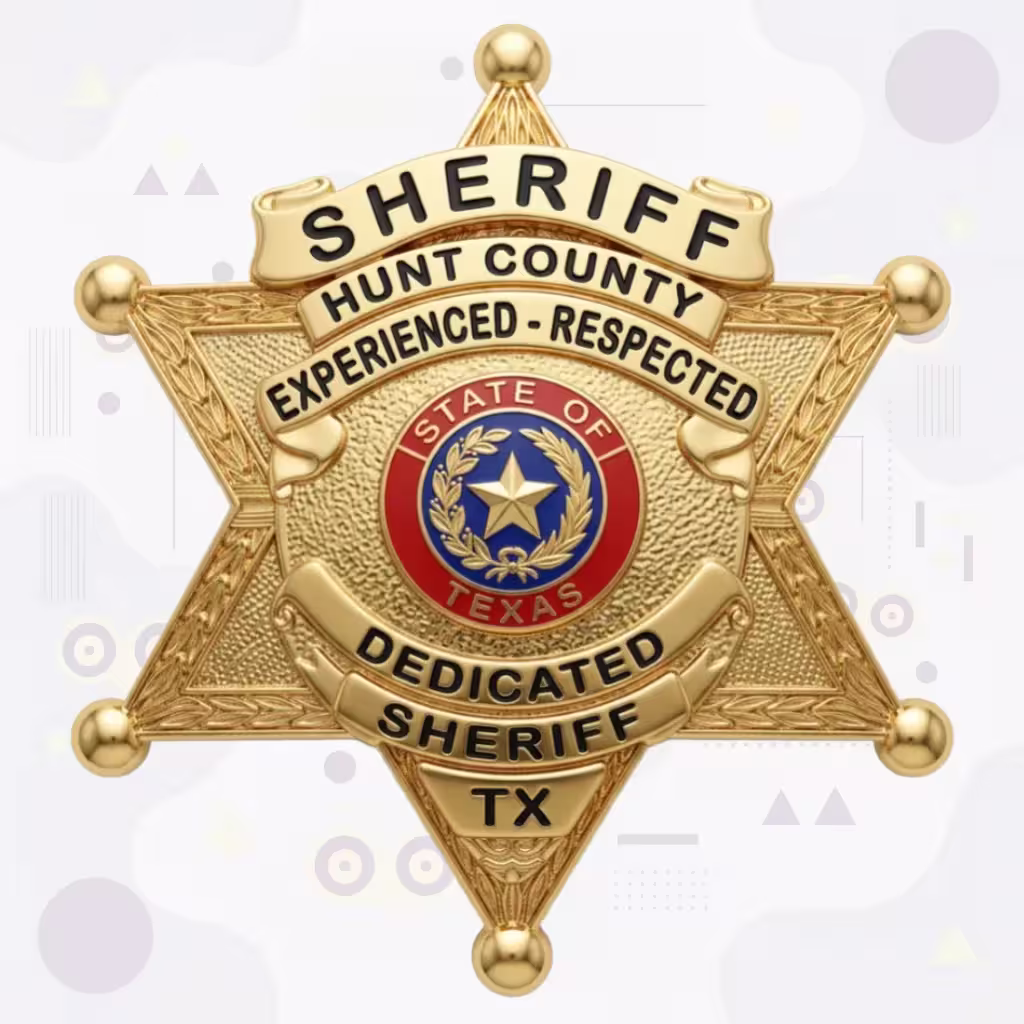 Hunt County Sheriff Gold Six-Point Star with Motto Banners Metal Badge