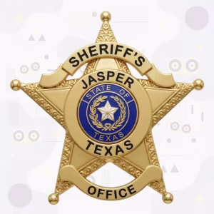 Jasper County Sheriff Gold Scrollwork Star with Blue Seal Metal Badge