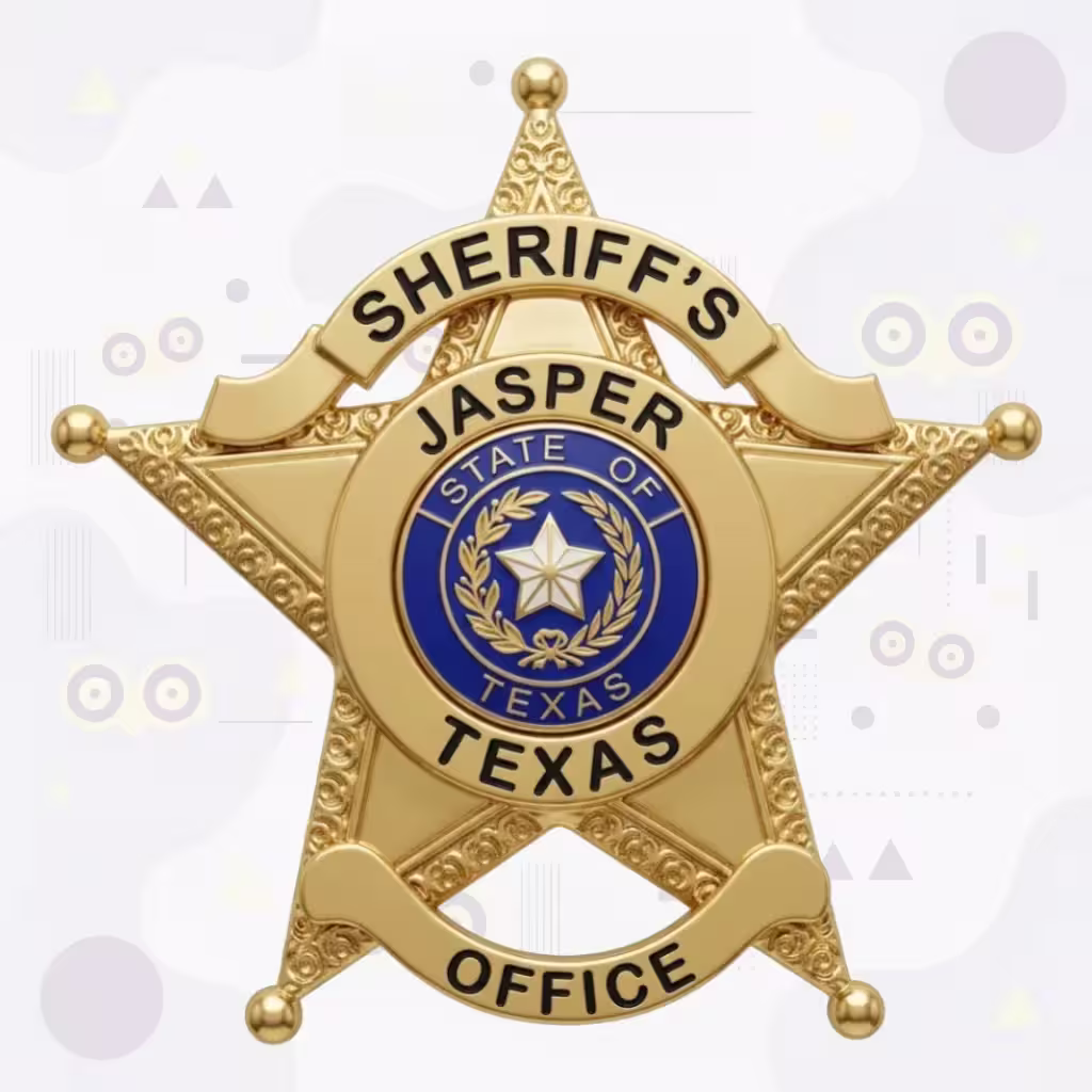 Jasper County Sheriff Gold Scrollwork Star with Blue Seal Metal Badge