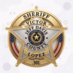 Jeff Davis County Sheriff Two-Tone Star-on-Ring with US Flags Metal Badge