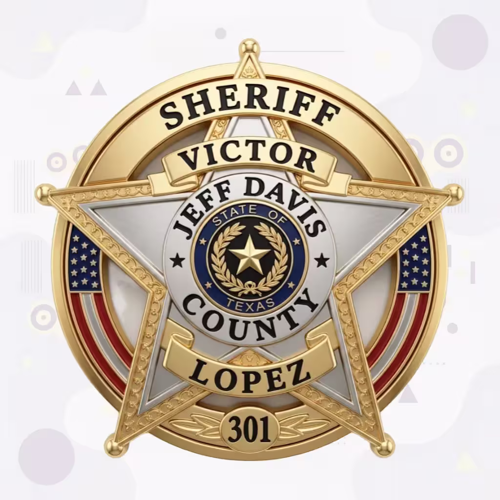 Jeff Davis County Sheriff Two-Tone Star-on-Ring with US Flags Metal Badge