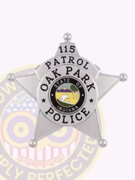 Silver 5-pointed star Oak Park Police badge for patrol with Indiana state seal