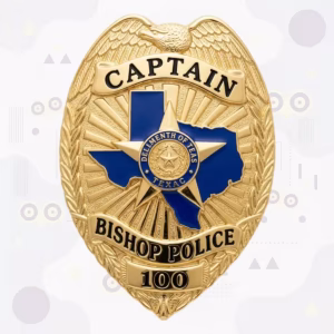 Bishop Police Badge with Blue Enamel Texas Map and Gold Eagle-Top Shield
