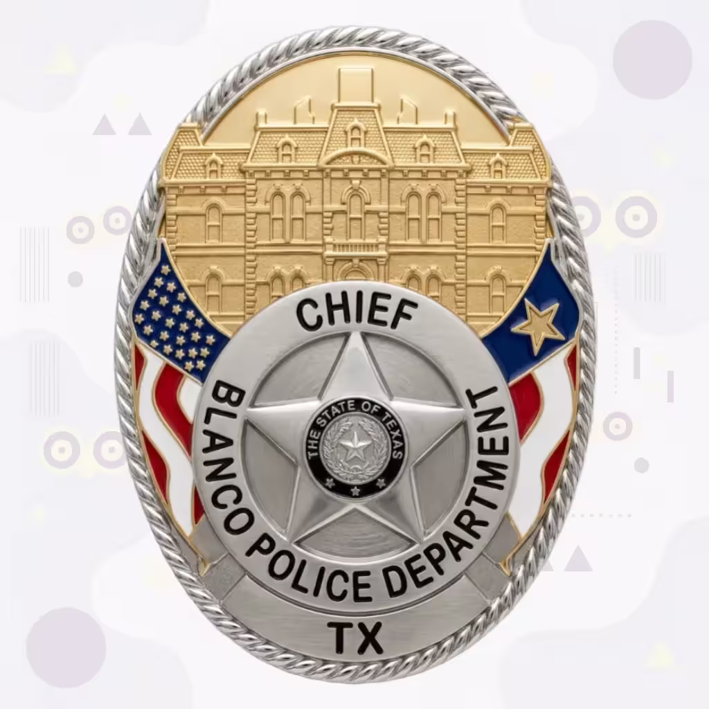 Blanco Police Badge with Gold Building Relief and Waving Enamel Flags