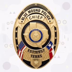 Blue Mound Police Badge with Black Enamel Field and Gold Texas Map