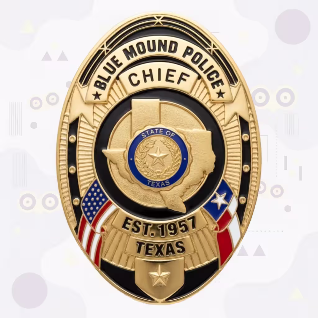 Blue Mound Police Badge with Black Enamel Field and Gold Texas Map