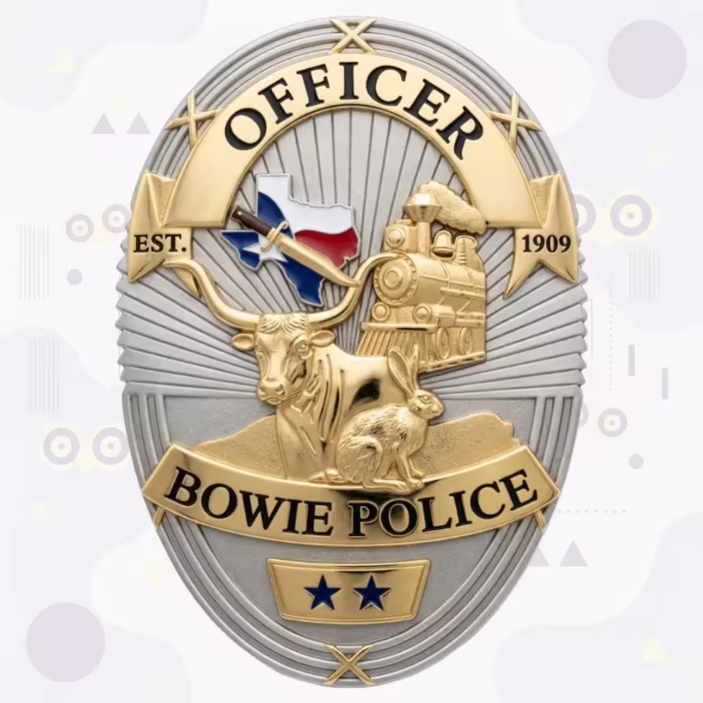 Bowie Police Badge with Gold Longhorn, Locomotive and Texas Flag Map