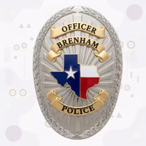 Brenham Police Badge with Silver Laurel Oval and Texas Flag Map