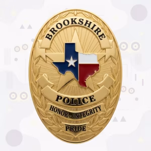 Brookshire Police Badge with Gold Laurel Oval and Texas Flag Map