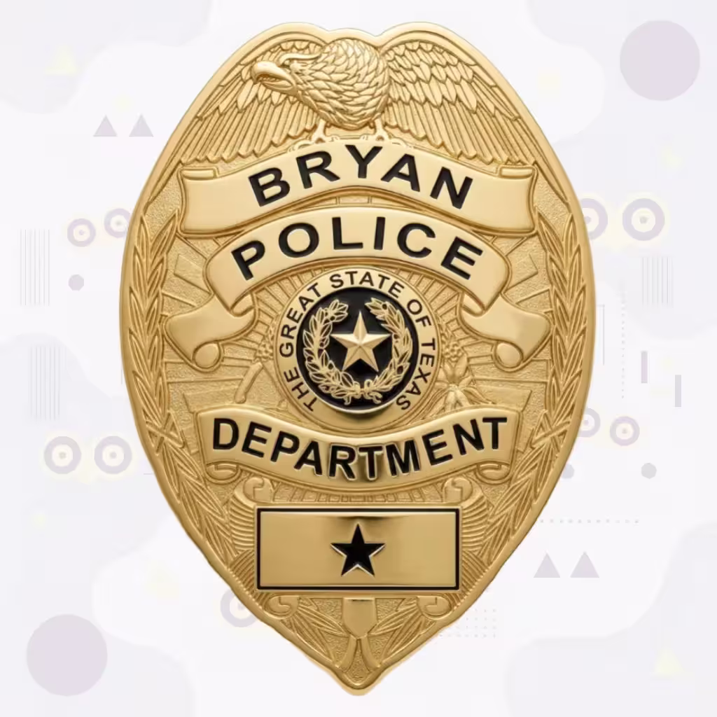 Bryan Police Badge with Gold Eagle-Top Shield and Great State of Texas Seal