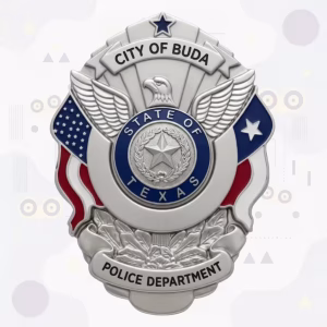Buda Police Badge with Silver Shield and Blue Enamel Texas Seal Ring