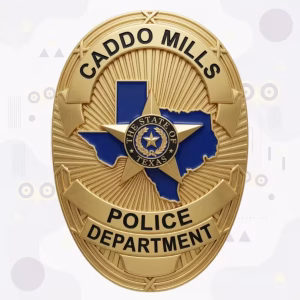 Caddo Mills Police Badge with Gold Oval and Blue Enamel Texas Map