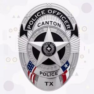 Canton Police Badge with Silver Oval, Black Enamel Disc and Motto Ring