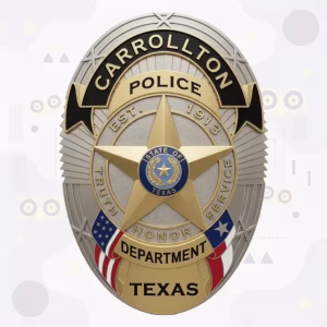 Carrollton Police Badge with Two-Tone Oval, Gold Star and Motto Ring
