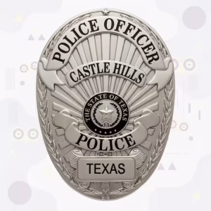 Castle Hills Police Badge with Silver Laurel Oval and Black-Ringed Texas Seal