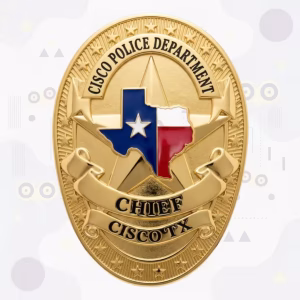 Cisco Police Badge with Gold Oval, Star-Studded Rim and Texas Flag Map