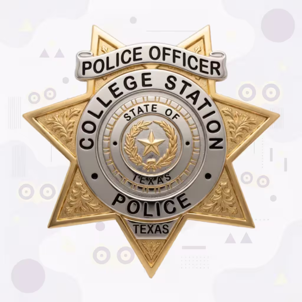 College Station Police Badge with Two-Tone Seven-Point Star and Silver Seal Disc
