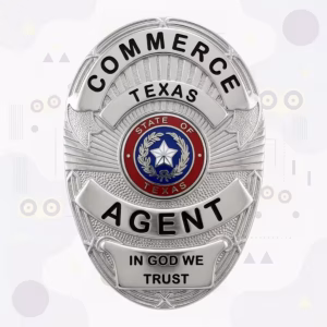 Commerce Police Badge with Silver Oval, Red-Ringed Seal and Motto Plate