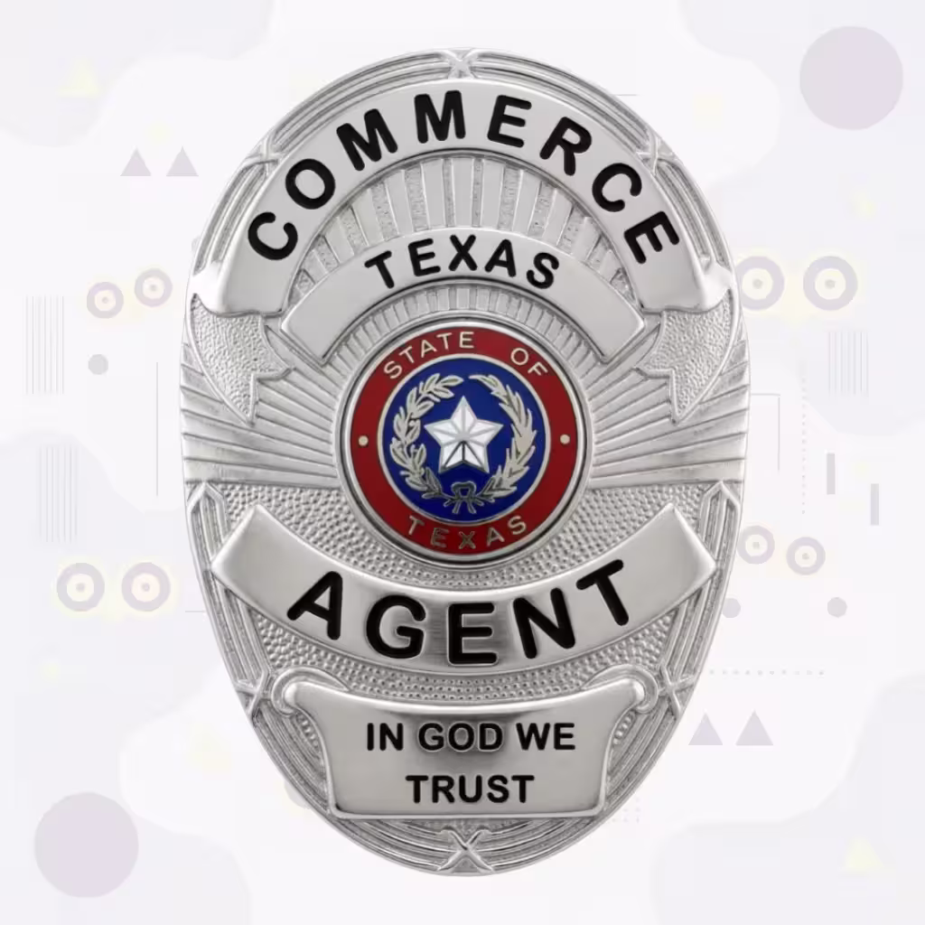 Commerce Police Badge with Silver Oval, Red-Ringed Seal and Motto Plate