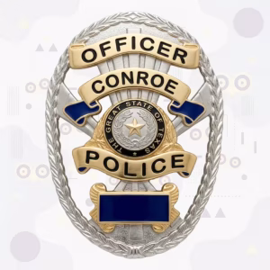 Conroe Police Badge with Two-Tone Laurel Oval and Blue Enamel Plate