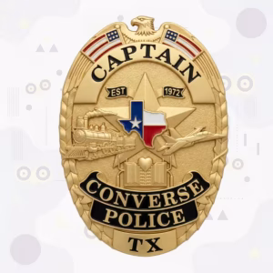 Converse Police Badge with Gold Laurel Oval, Texas Flag Star and Relief Scene