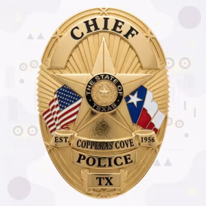 Copperas Cove Police Badge with Gold Oval, Star and Waving Flags