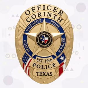 Corinth Police Badge with Gold Oval, Blue Motto Ring and City Seal