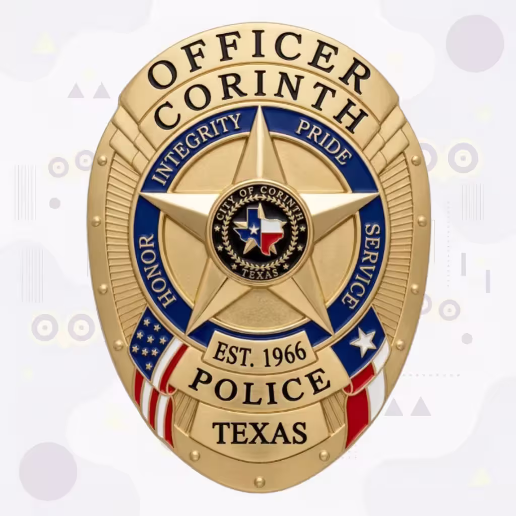 Corinth Police Badge with Gold Oval, Blue Motto Ring and City Seal