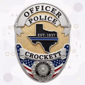 Crockett Police Badge with Two-Tone Oval, Black Texas Map and Flag Seal