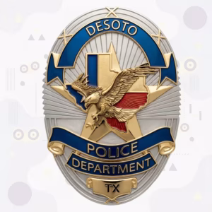 DeSoto Police Badge with Two-Tone Oval, Flying Eagle and Texas Flag Map Star
