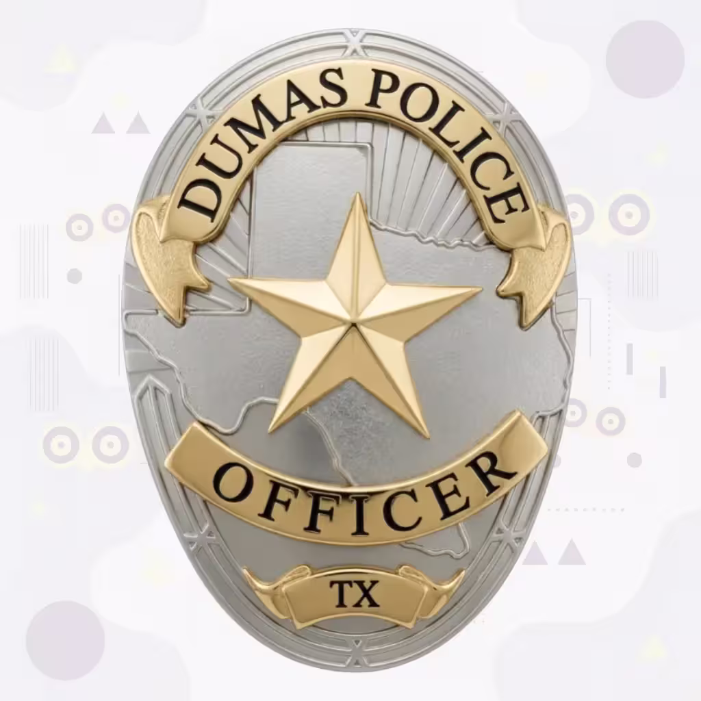 Dumas Police Badge with Two-Tone Oval, Silver Texas Map and Gold Star