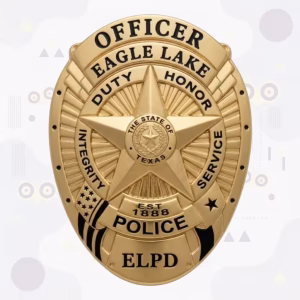 Eagle Lake Police Badge with Gold Oval, Four-Word Motto and Black-Accent Flags