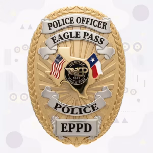 Eagle Pass Police Badge with Two-Tone Laurel Oval, Texas Map and City Seal