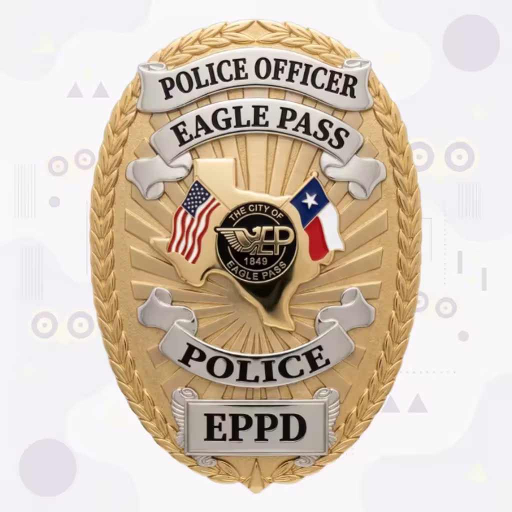 Eagle Pass Police Badge with Two-Tone Laurel Oval, Texas Map and City Seal