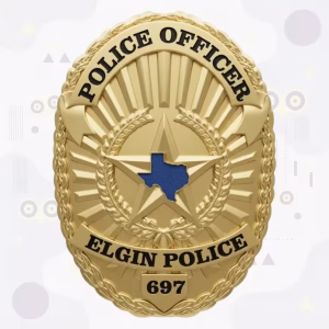 Elgin Police Badge with Gold Laurel Oval and Blue Enamel Texas Map Star