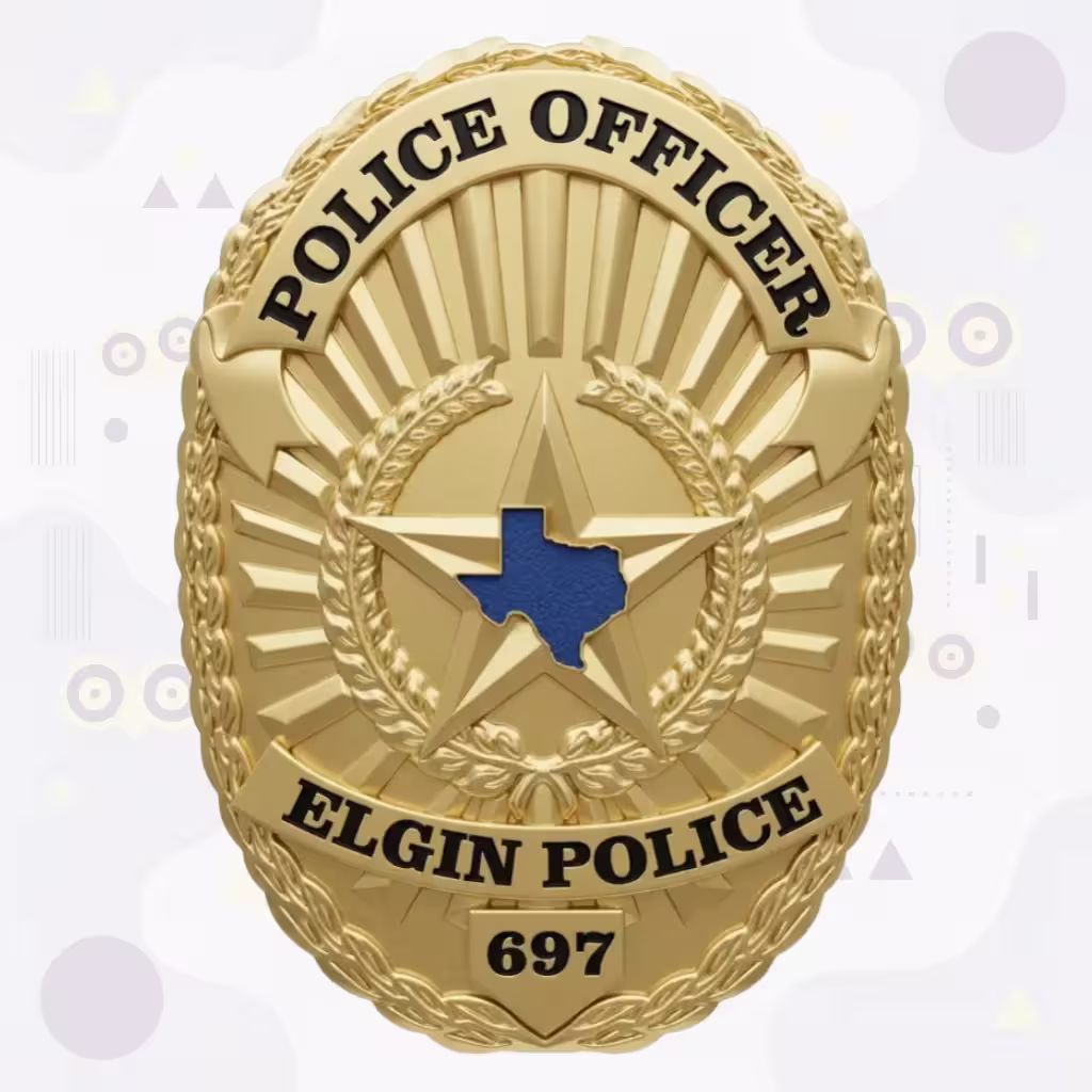 Elgin Police Badge with Gold Laurel Oval and Blue Enamel Texas Map Star