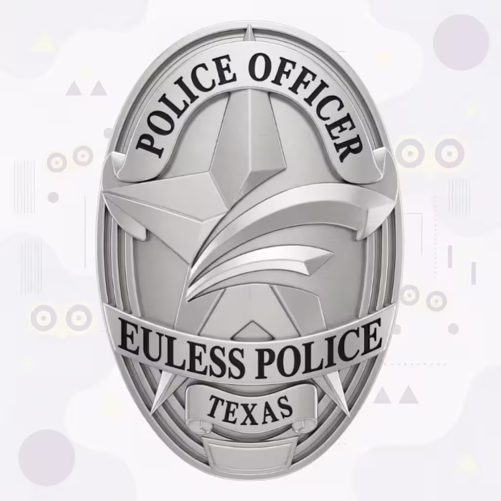 Euless Police Badge with Silver Oval, Faceted Star and Swept Stripes