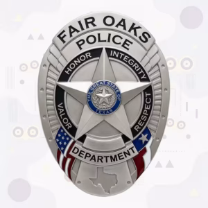 Fair Oaks Ranch Police Badge with Silver Oval, Black Motto Ring and Great State Seal