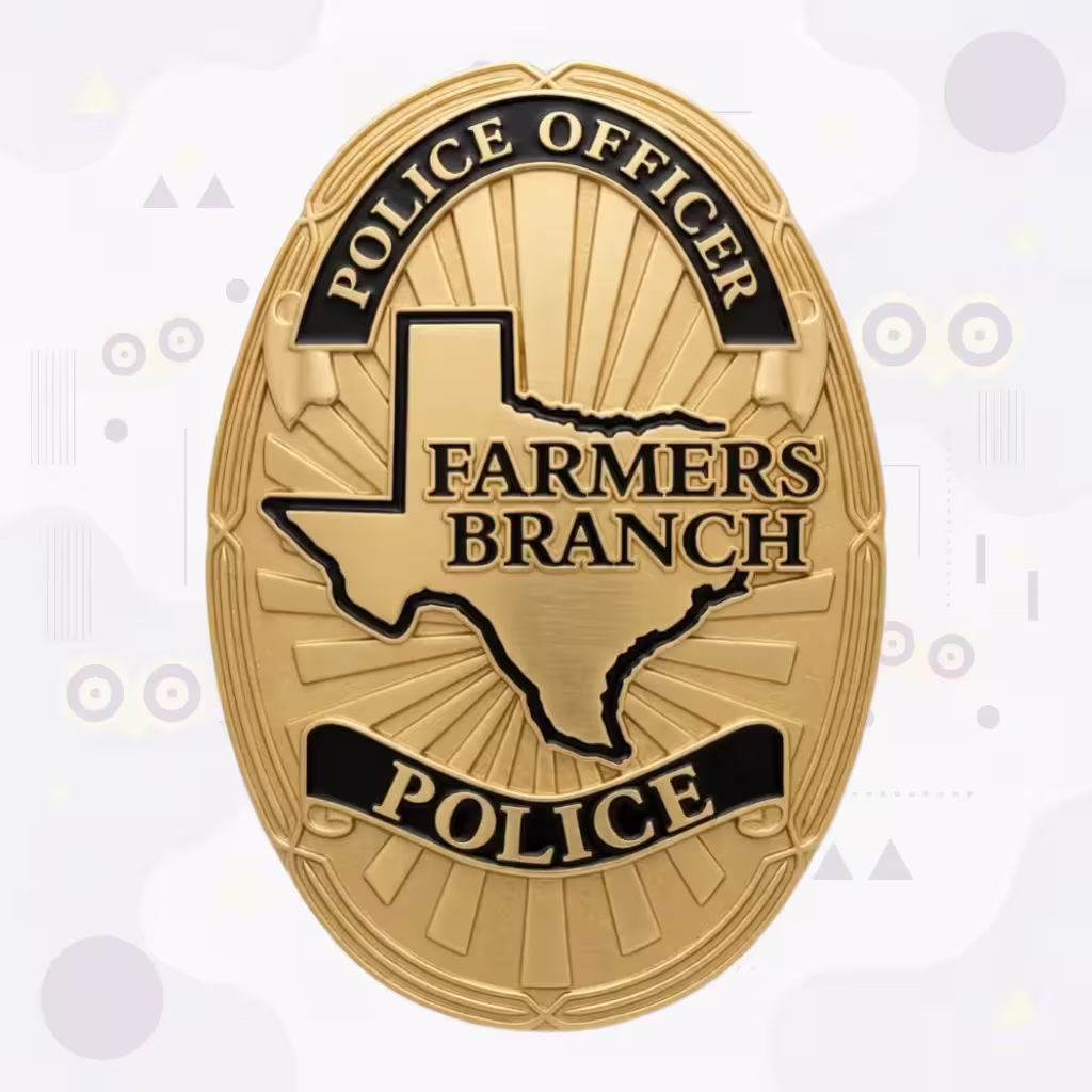 Farmers Branch Police Badge with Gold Oval and Lettered Texas Map