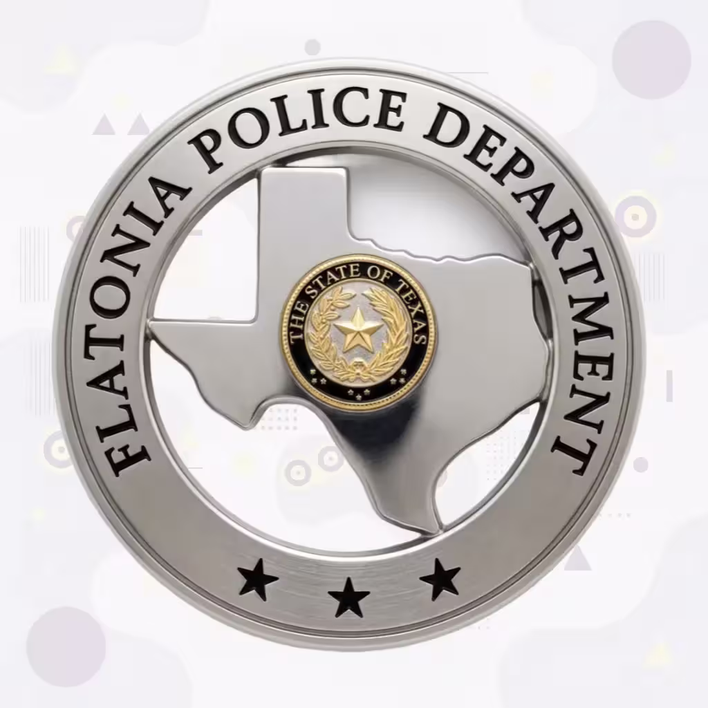 Flatonia Police Badge with Silver Cut-Out Texas Map and Gold State Seal