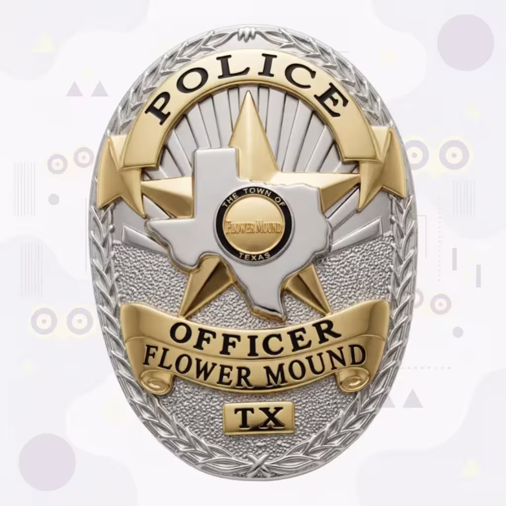 Flower Mound Police Badge with Gold Star Texas Map and Two-Tone Oval