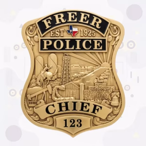 Freer Police Badge with Oil Derrick and Rattlesnake Townscape
