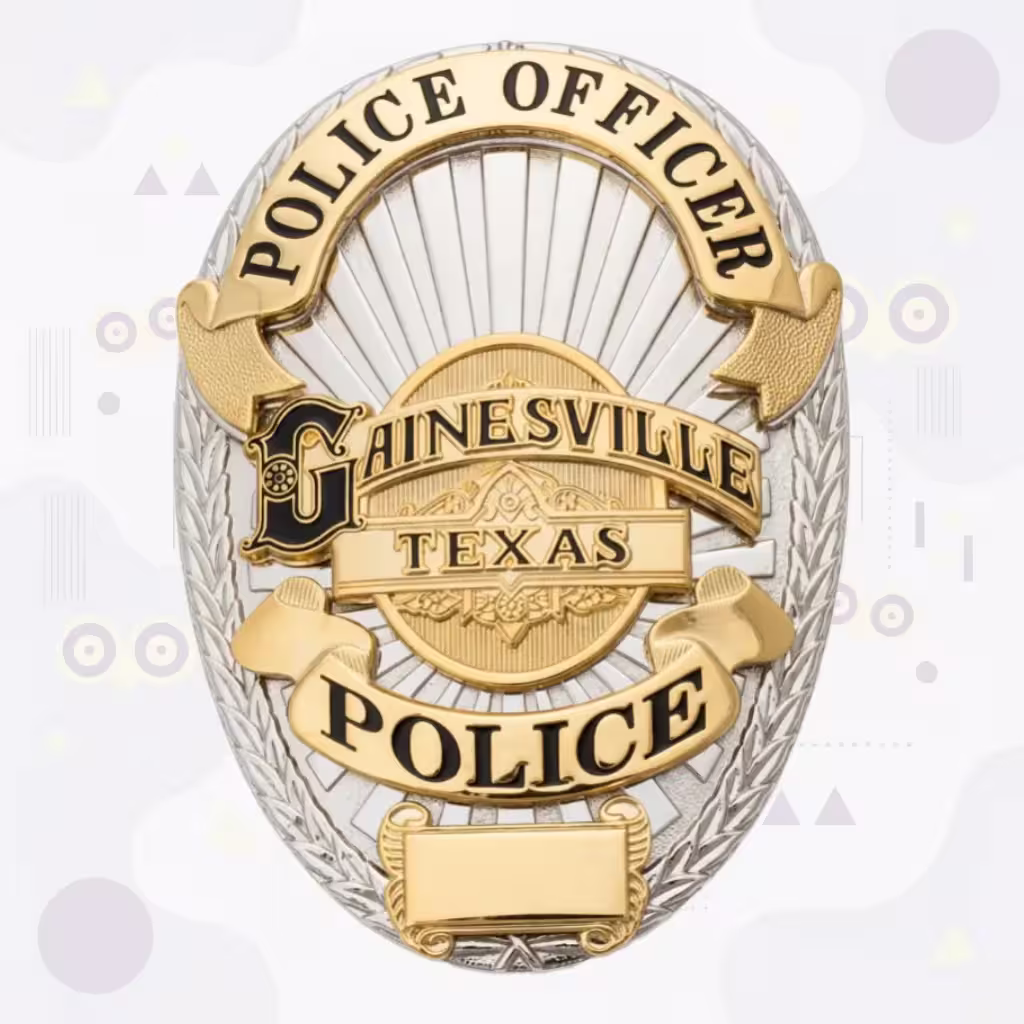 Gainesville Police Badge with Ornate Gold Lettering and Two-Tone Oval