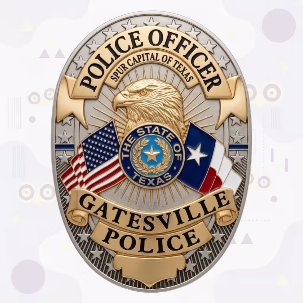 Gatesville Police Badge with Gold Eagle Head and Enamel Flags
