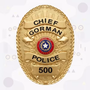 Gorman Police Badge with Gold Laurel Oval and Red Texas Seal