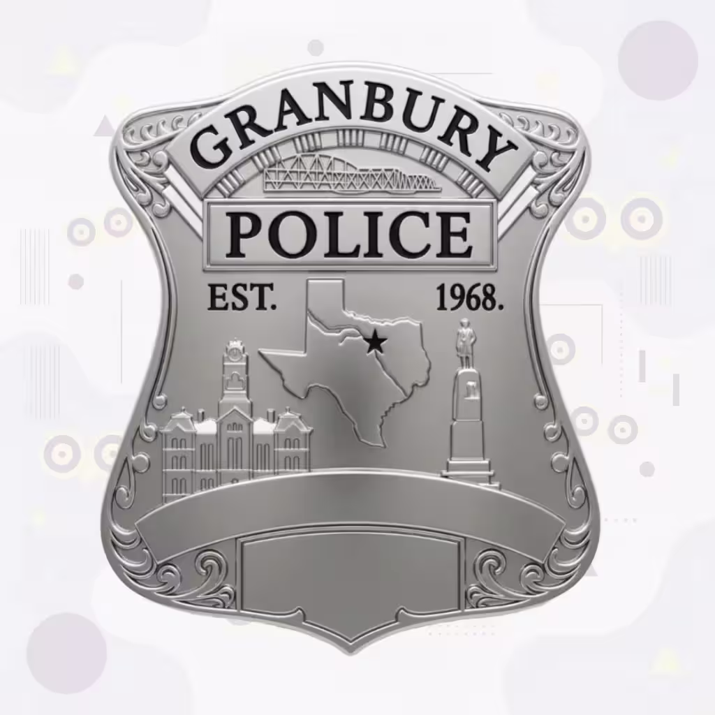 Granbury Police Badge with Silver Bridge and Courthouse Shield