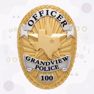 Grandview Police Badge with Gold Texas Map Star and Silver Banners
